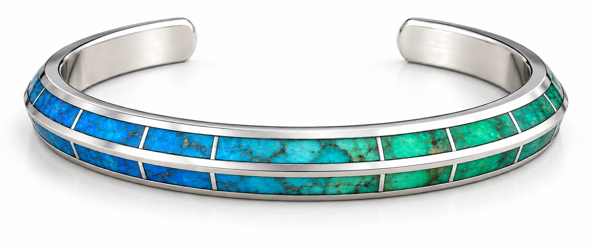 Sterling silver cuff with a double row of blue-to-green turquoise inlay